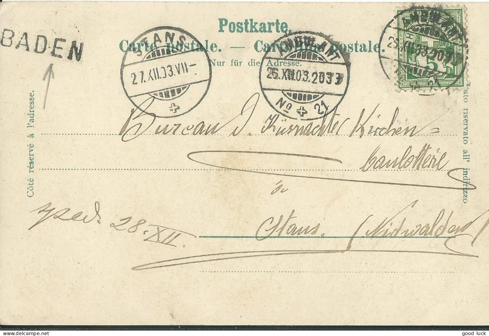 SUISSE  CARTE 5c  MARQUE LINEAIRE BADEN + AMBULANT N° 21 POUR STANS DE 1903 LETTRE COVER - Storia Postale
