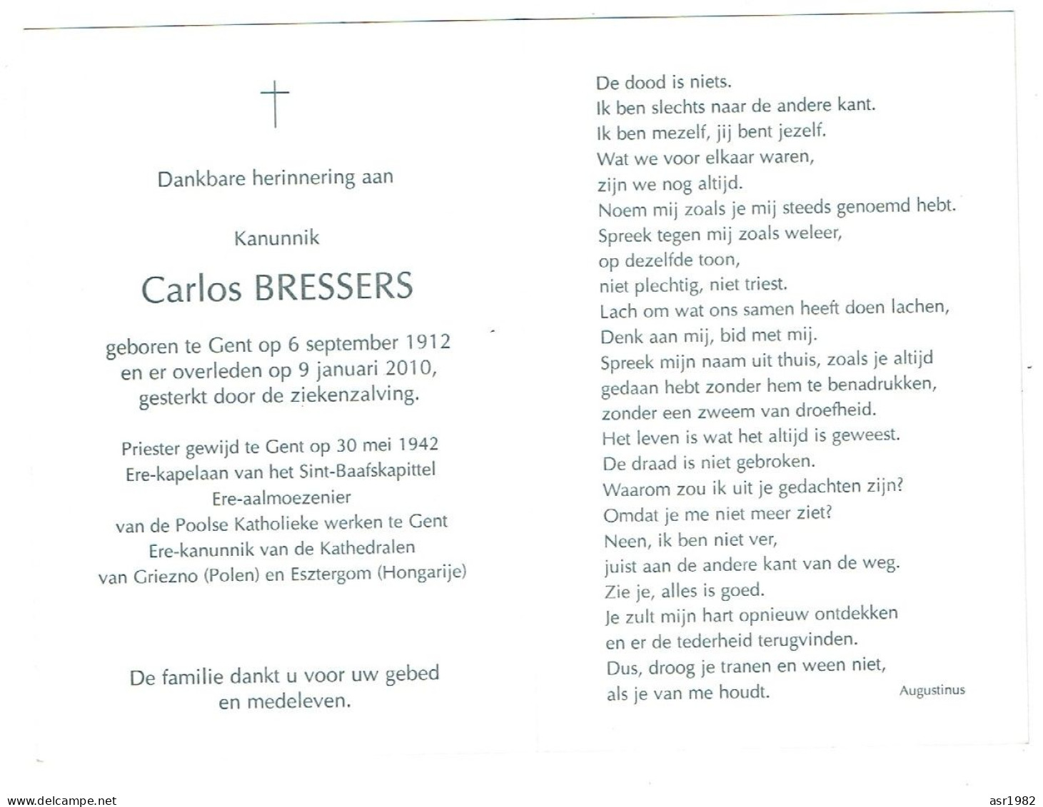 Doodsprentje  Pastoor / Priester :  Gent - E.H Kanunnik Carlos Bressers . - Religion & Esotérisme