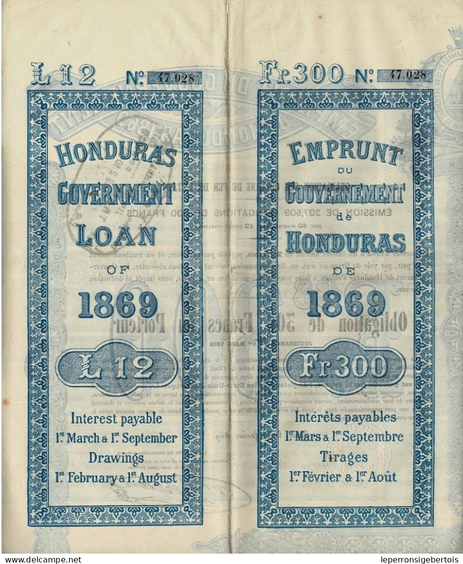 Obligation De 1869 - Emprunt Du Gouvernement Du Honduras - Obligation Des Chemins De Fer De L'Etat - - Bahnwesen & Tramways