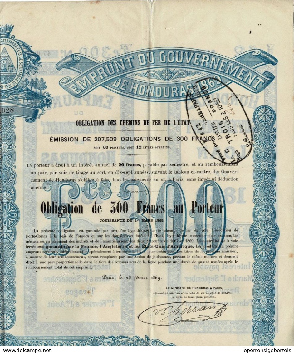 Obligation De 1869 - Emprunt Du Gouvernement Du Honduras - Obligation Des Chemins De Fer De L'Etat - - Bahnwesen & Tramways