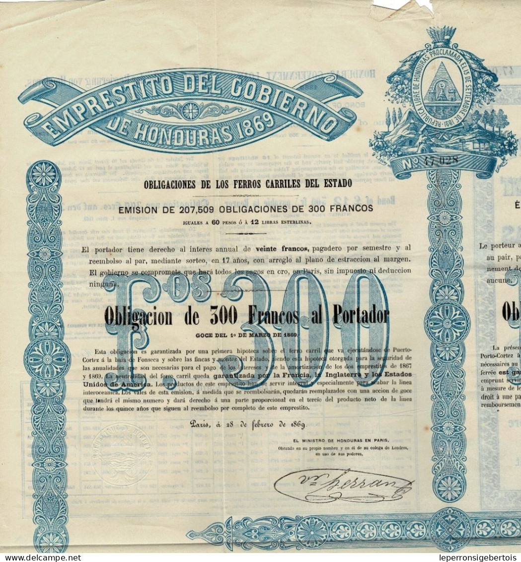Obligation De 1869 - Emprunt Du Gouvernement Du Honduras - Obligation Des Chemins De Fer De L'Etat - - Ferrovie & Tranvie