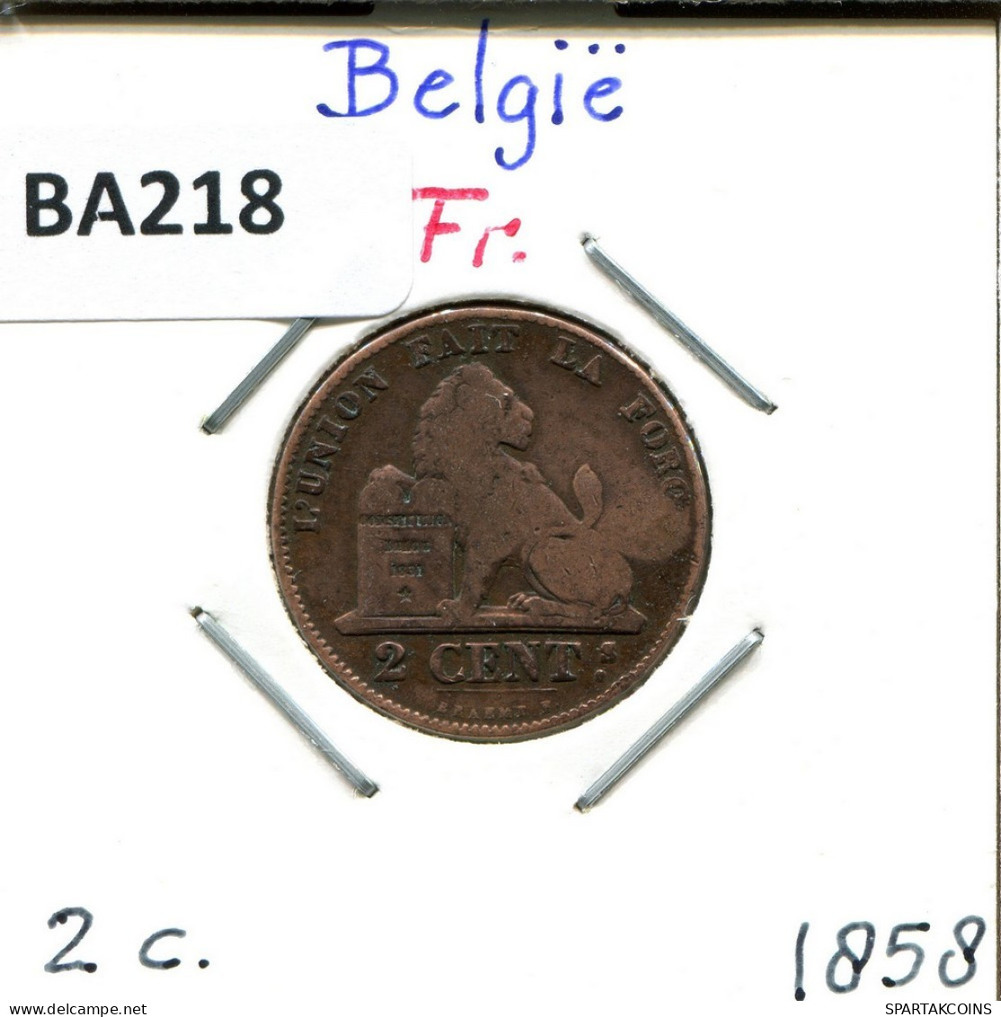 2 CENTIMES 1858 FRENCH Text BELGIQUE BELGIUM Pièce #BA218.F.A - 2 Centimes