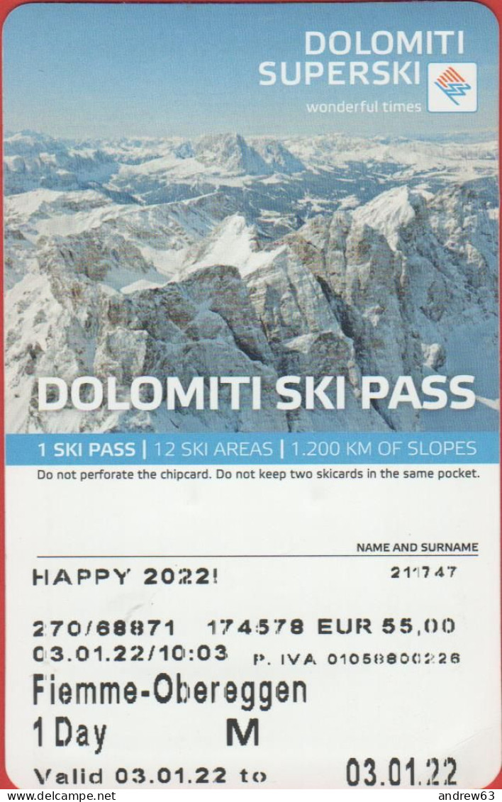 ITALIA - ITALY - ITALIE - 2022 - Fiemme-Obereggen - Skipass - Ski Pass - 1 Giorno M - Used - Autres & Non Classés