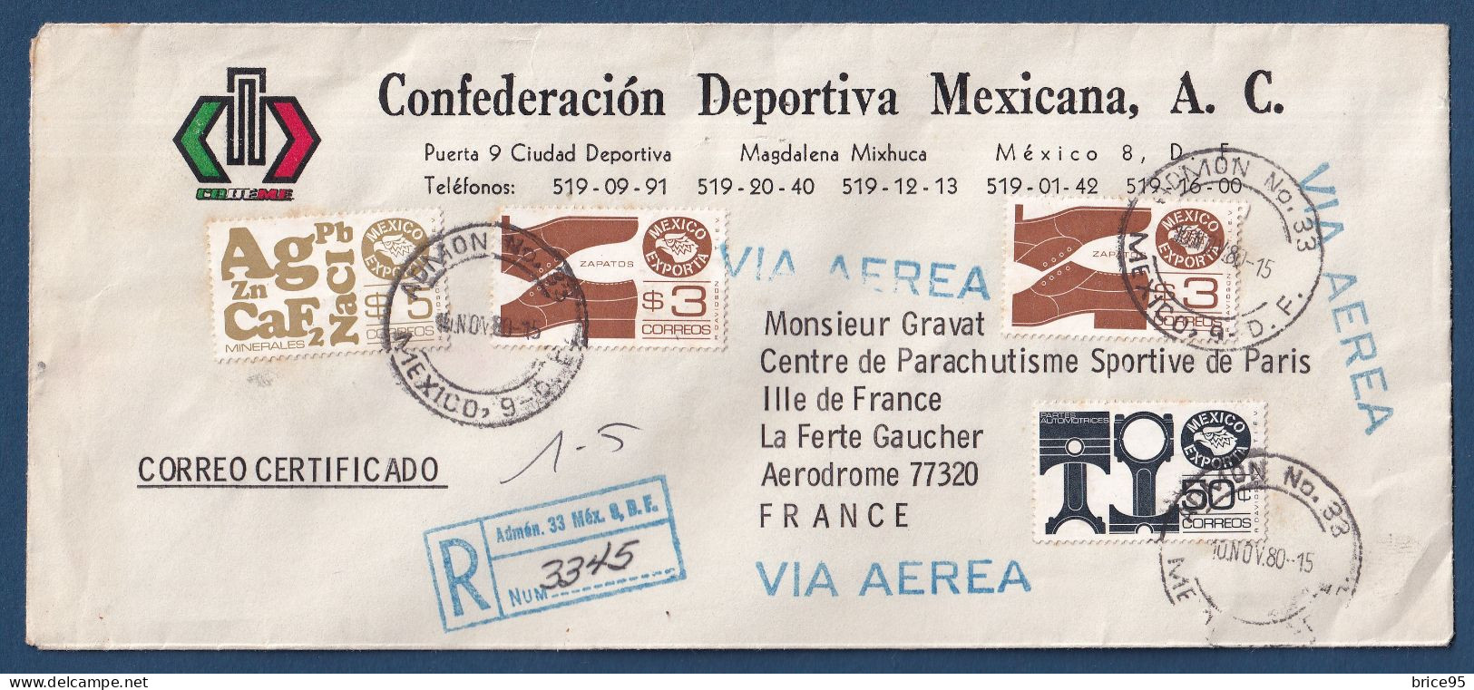 Mexique - Sur Lettre - Pour La France - Confederacion Deportiva Mexicana - 1980 - México