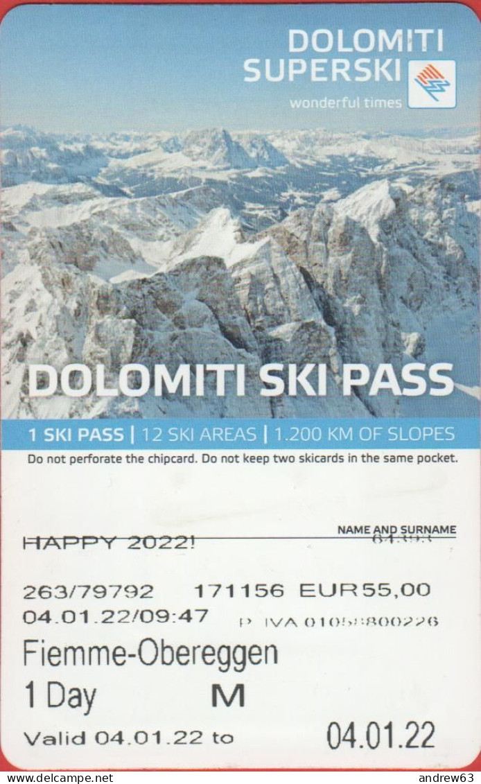 ITALIA - ITALY - ITALIE - 2022 - Fiemme-Obereggen - Skipass - Ski Pass - 1 Giorno M - Used - Otros & Sin Clasificación