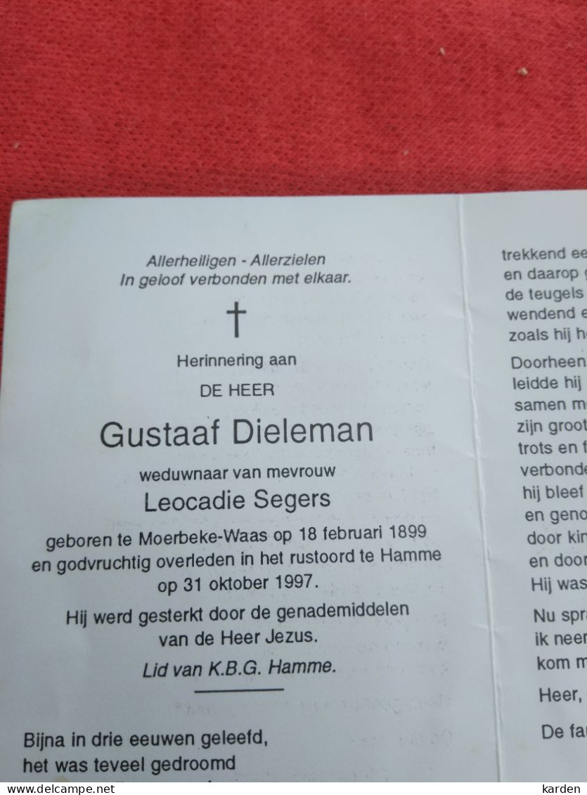 Doodsprentje Gustaaf Dieleman / Moerbeke Waas  18/2/1899 Hamme 31/10/1997 ( Leocadie Segers ) - Religion & Esotérisme