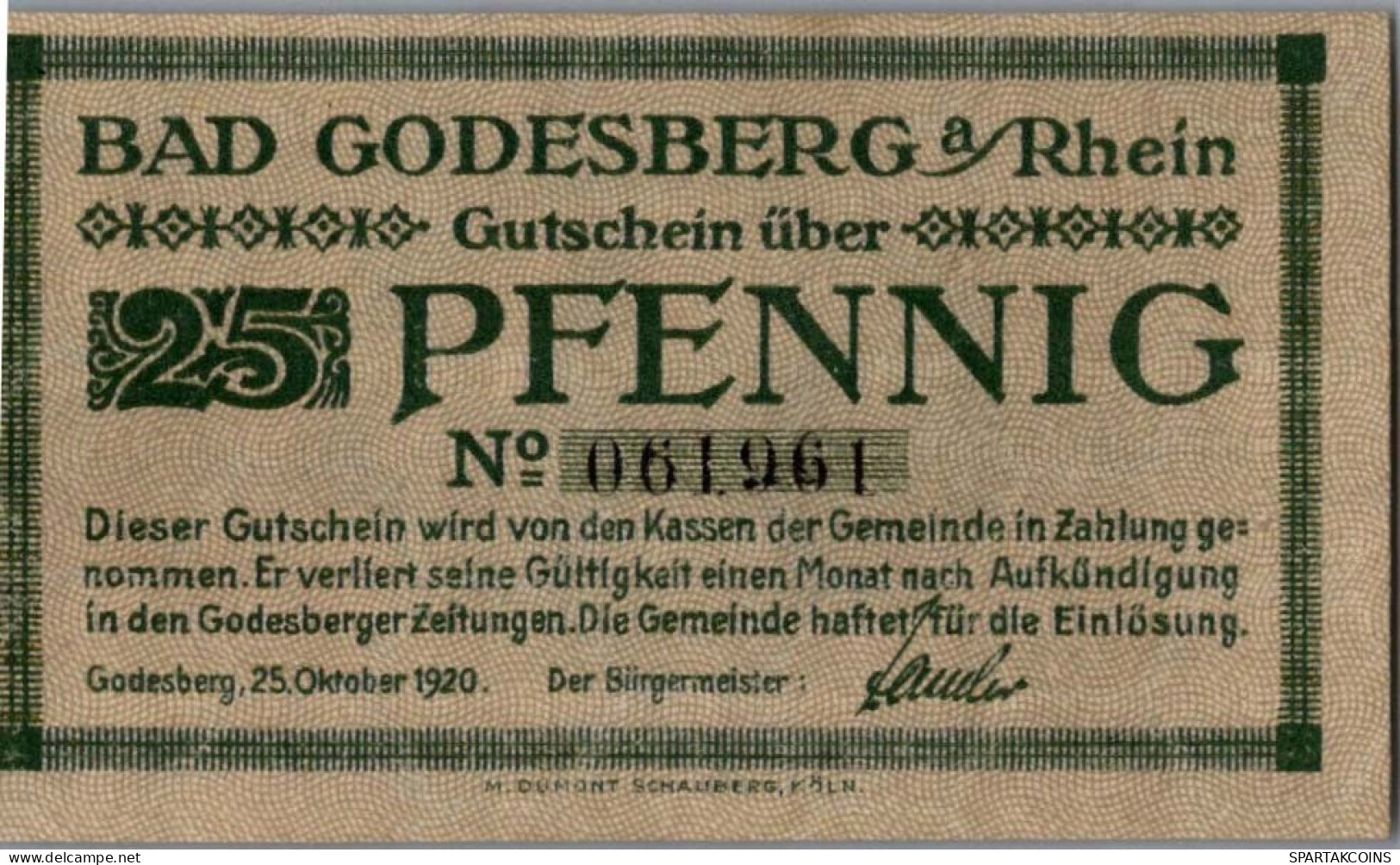 25 PFENNIG 1920 Stadt BAD GODESBERG Rhine UNC DEUTSCHLAND Notgeld #PH858 - [11] Emisiones Locales