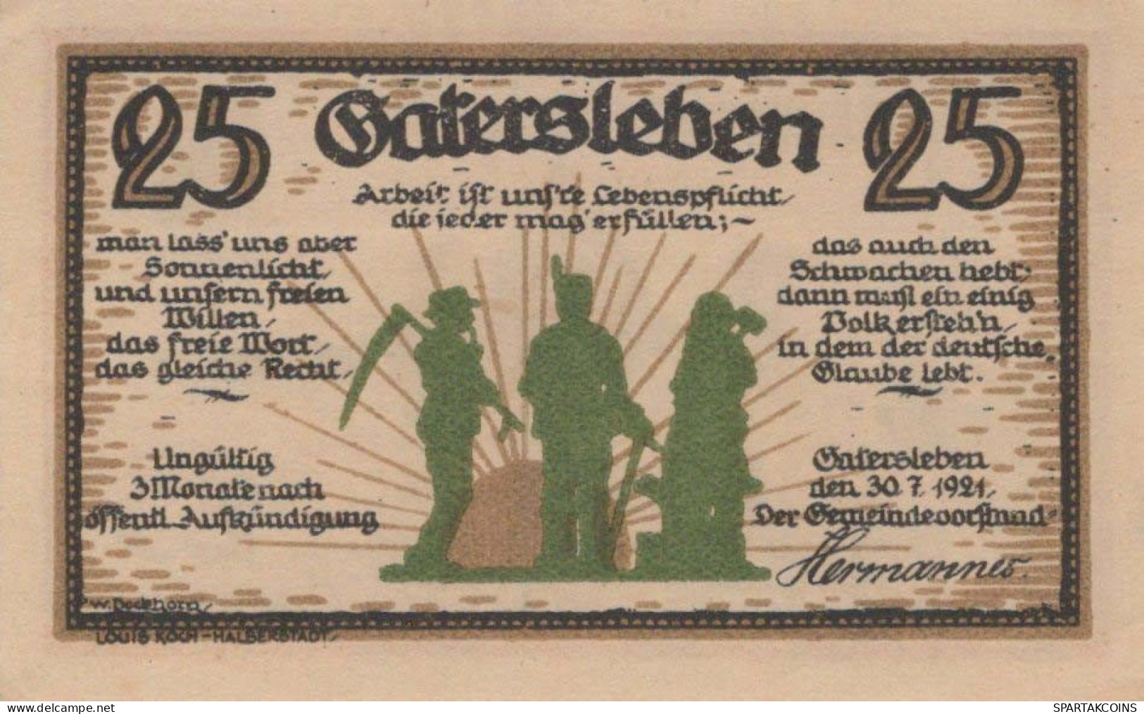 20 PFENNIG 1921 Stadt GATERSLEBEN Saxony UNC DEUTSCHLAND Notgeld Banknote #PH178 - [11] Local Banknote Issues