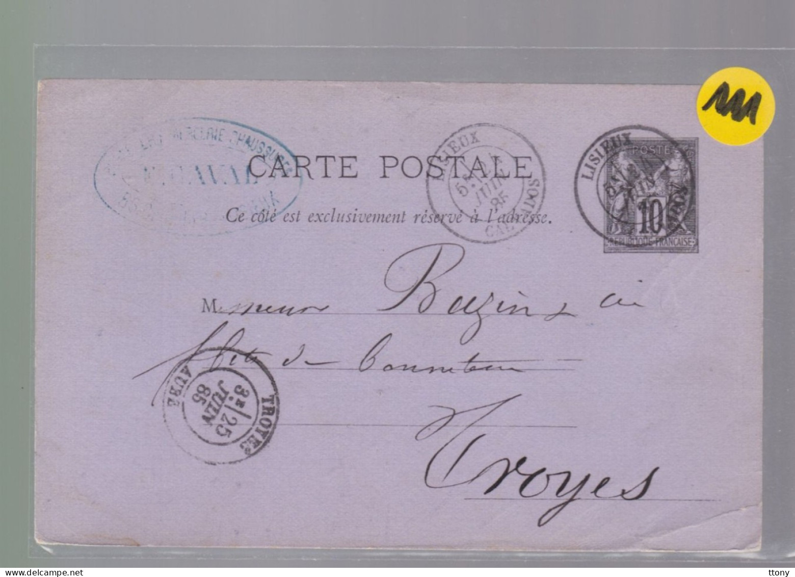 Entier Postal Type Sage 15 C   Lisieux   1885  Destination Troyes - 1877-1920: Periodo Semi Moderno