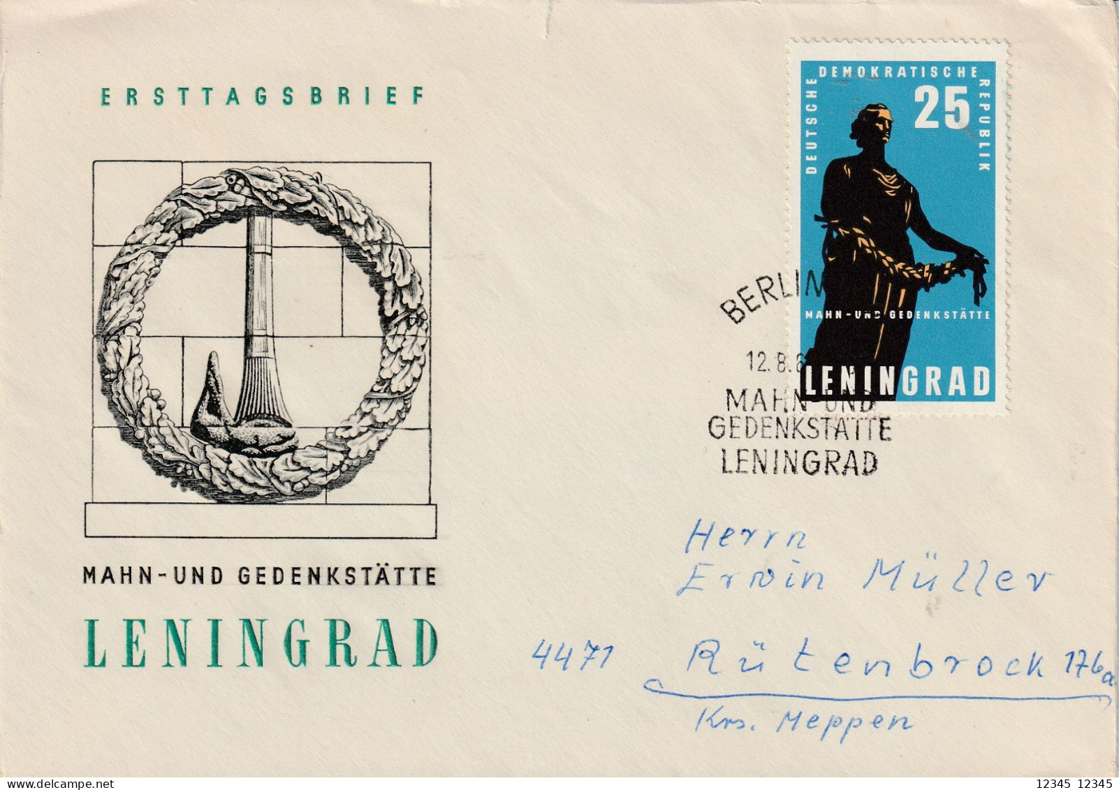 DDR 1964, FDC Sent To Meppen, Monument In The St. Petersburg Memorial And Memorial - 1950-1970