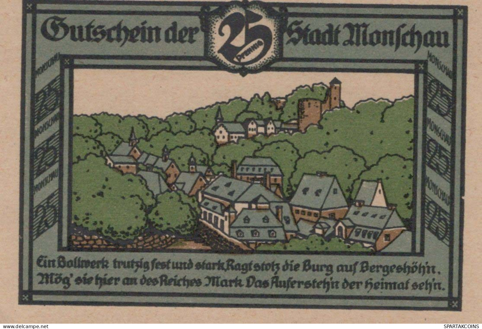 25 PFENNIG 1921 Stadt MONSCHAU Rhine UNC DEUTSCHLAND Notgeld Banknote #PA626 - [11] Emissioni Locali