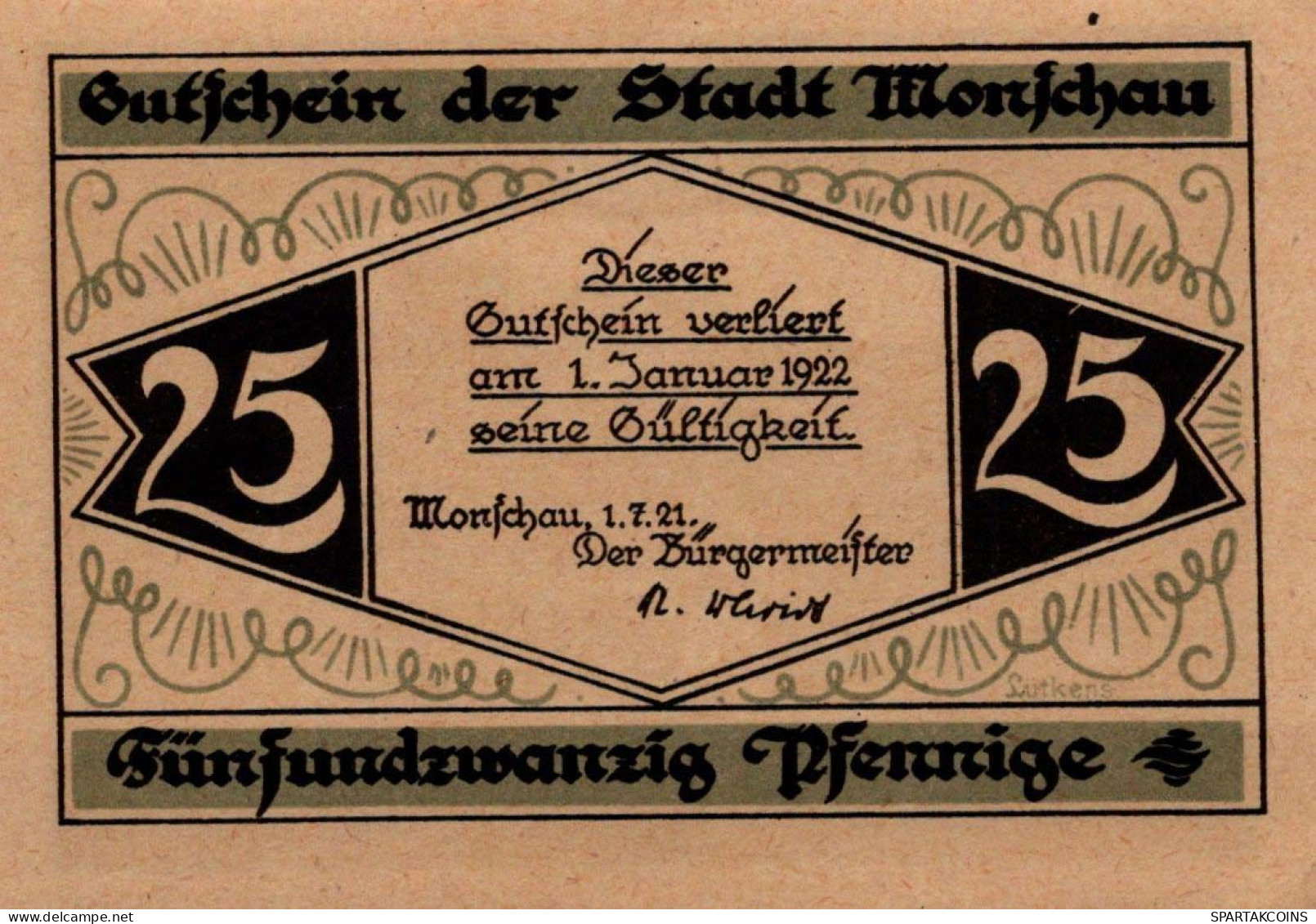 25 PFENNIG 1921 Stadt MONSCHAU Rhine UNC DEUTSCHLAND Notgeld Banknote #PA626 - [11] Emissioni Locali