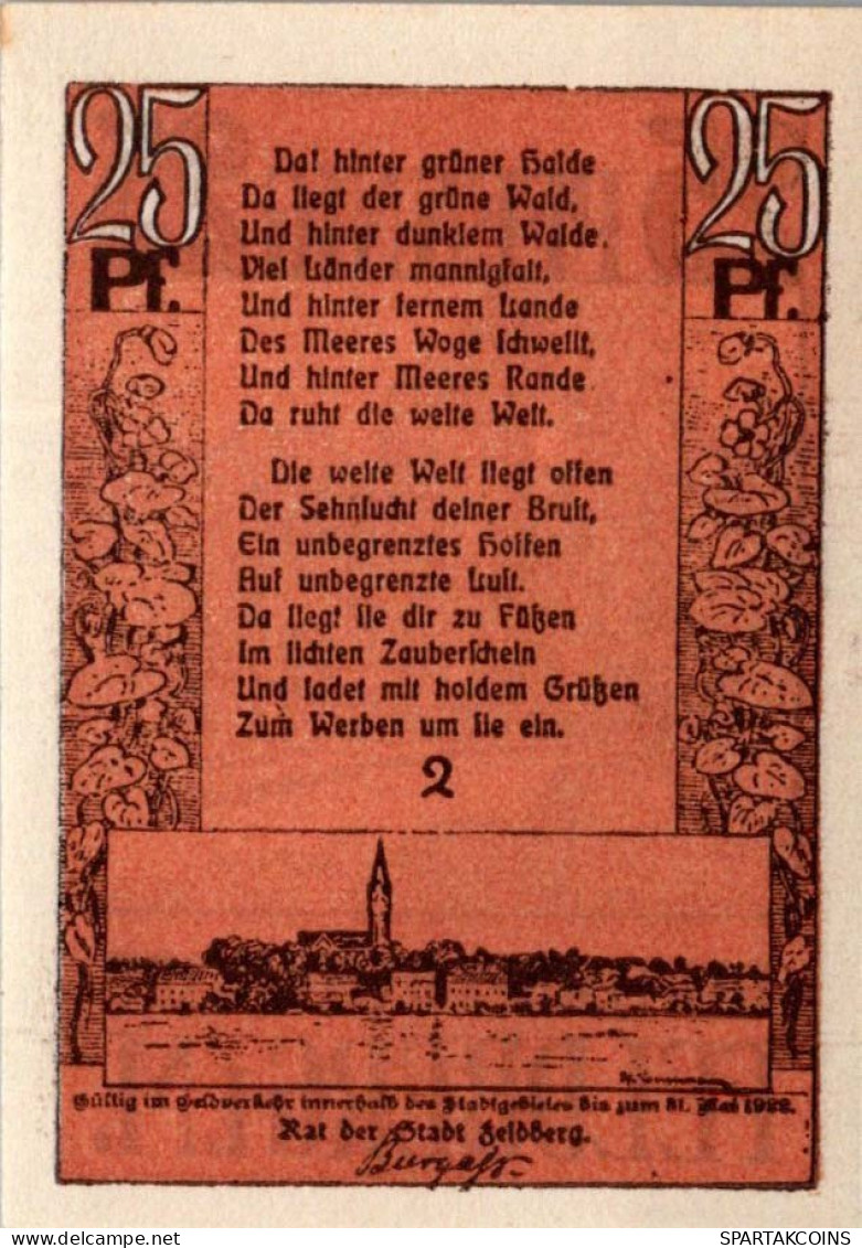 25 PFENNIG 1922 Stadt FELDBERG IN MECKLENBURG UNC DEUTSCHLAND #PI546 - [11] Emissions Locales