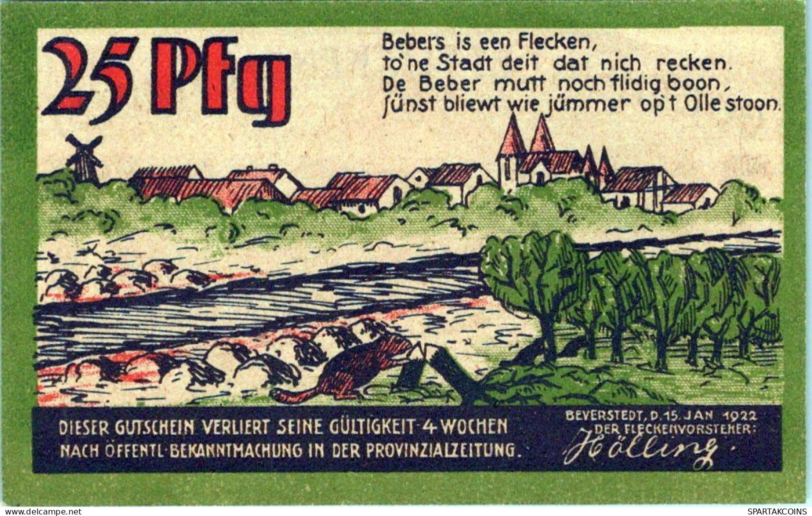 25 PFENNIG 1922 Stadt BEVERSTEDT Hanover DEUTSCHLAND Notgeld Banknote #PF810 - [11] Local Banknote Issues