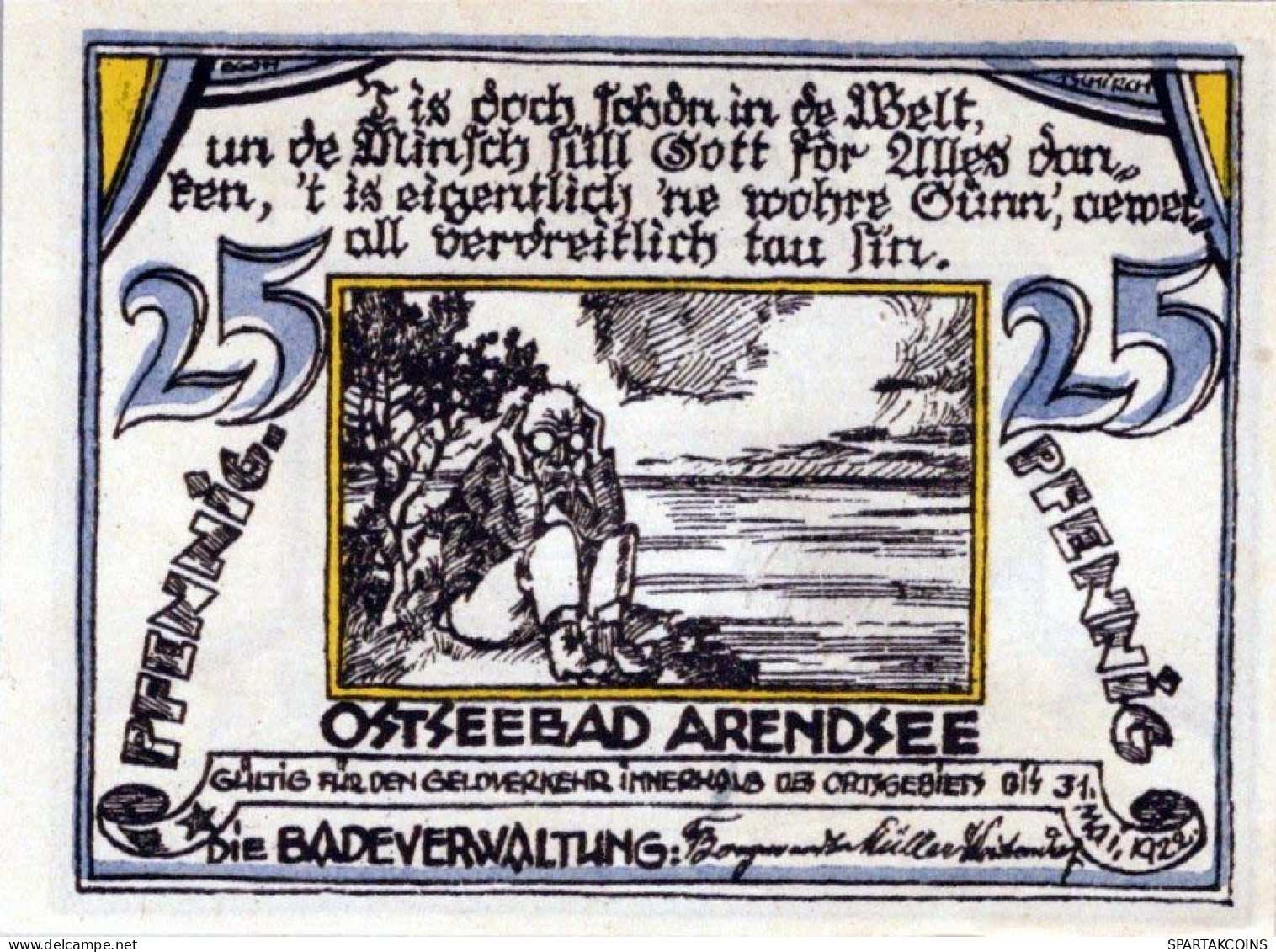 25 PFENNIG 1922 ARENDSEE AN DER OSTSEE Mecklenburg-Schwerin DEUTSCHLAND #PJ114 - [11] Local Banknote Issues