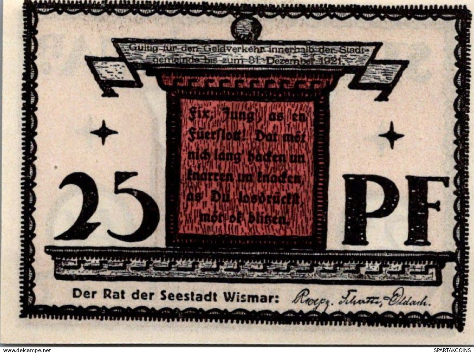 25 PFENNIG 1921 Stadt WISMAR Mecklenburg-Schwerin UNC DEUTSCHLAND Notgeld #PI874 - [11] Local Banknote Issues