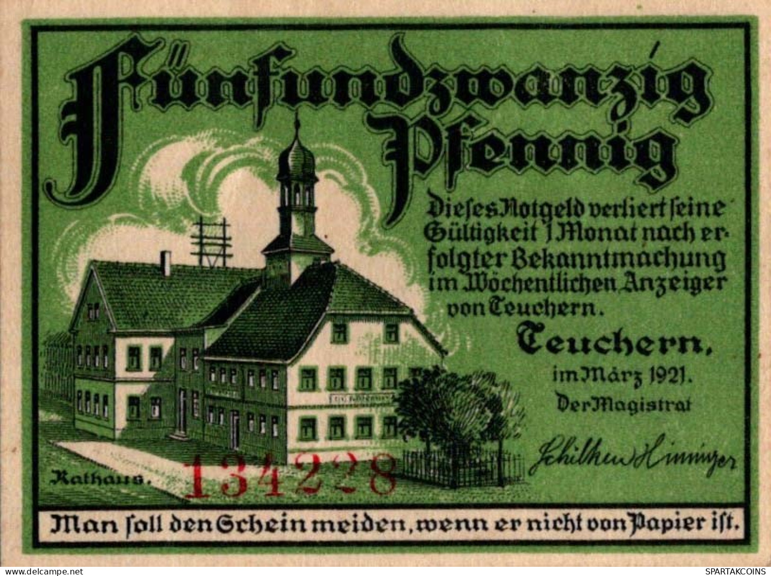 25 PFENNIG 1921 Stadt TEUCHERN Saxony UNC DEUTSCHLAND Notgeld Banknote #PJ050 - Lokale Ausgaben