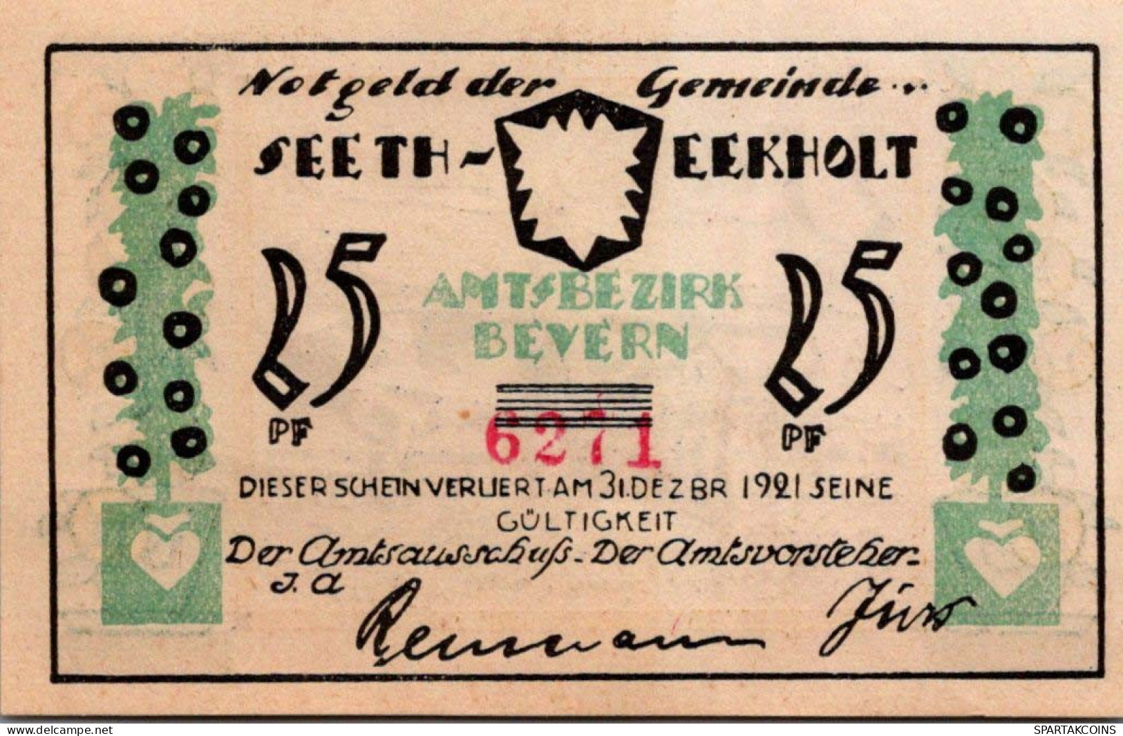 25 PFENNIG 1921 Stadt SEETH-EKHOLT Schleswig-Holstein DEUTSCHLAND Notgeld #PF469 - [11] Local Banknote Issues