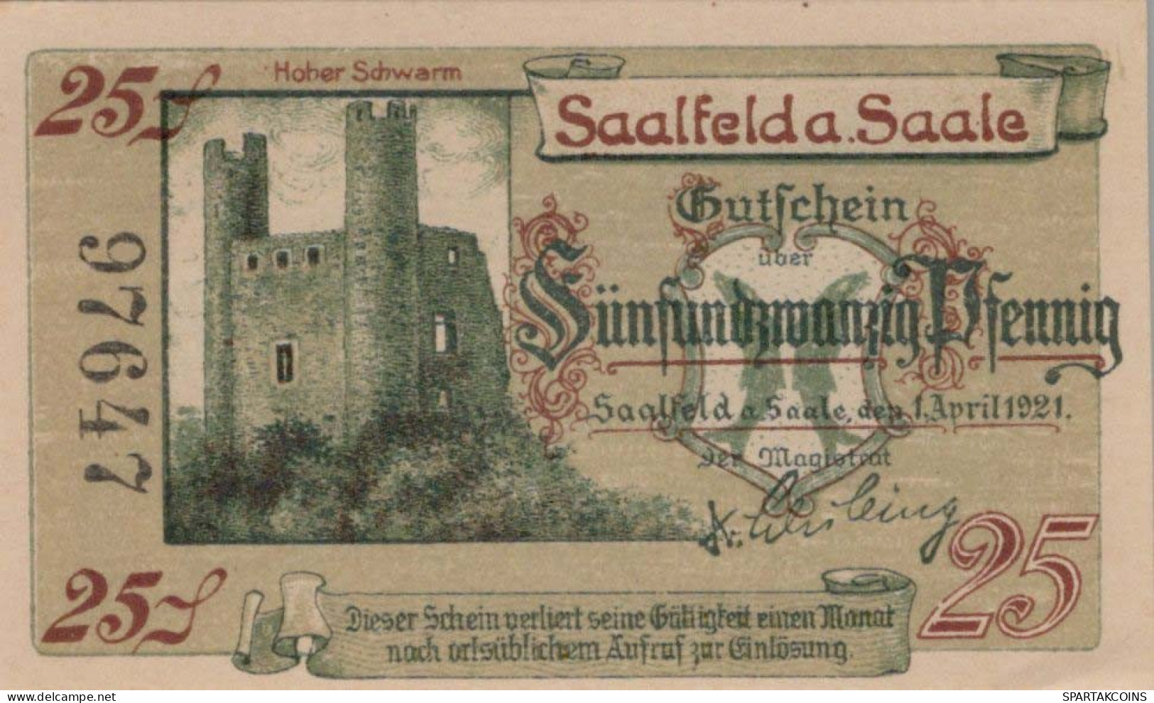 25 PFENNIG 1921 Stadt SAALFELD Thuringia UNC DEUTSCHLAND Notgeld Banknote #PH853 - [11] Emissions Locales