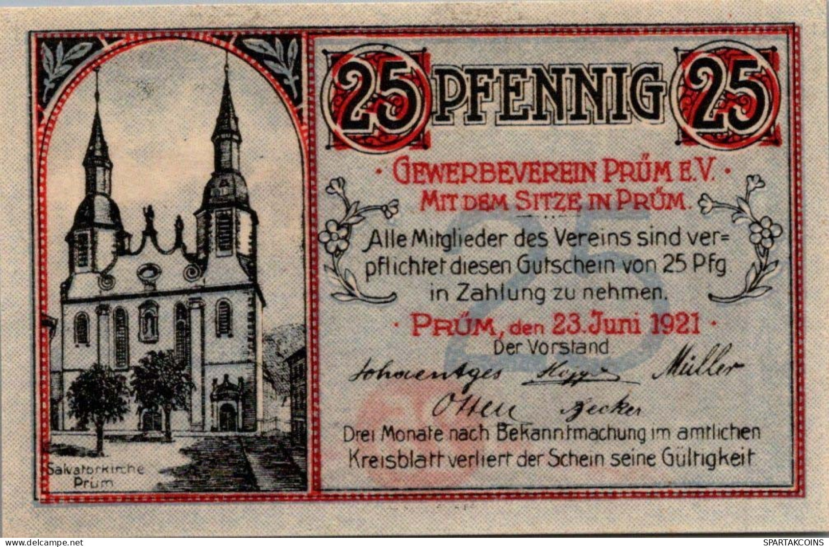 25 PFENNIG 1921 Stadt PRÜM Rhine UNC DEUTSCHLAND Notgeld Banknote #PB770 - [11] Emissioni Locali