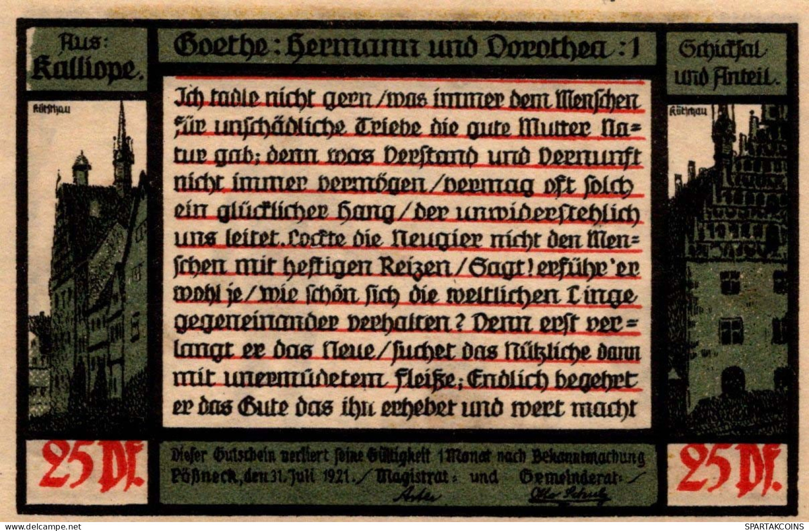 25 PFENNIG 1921 Stadt PÖSSNECK Thuringia UNC DEUTSCHLAND Notgeld Banknote #PB651 - [11] Local Banknote Issues