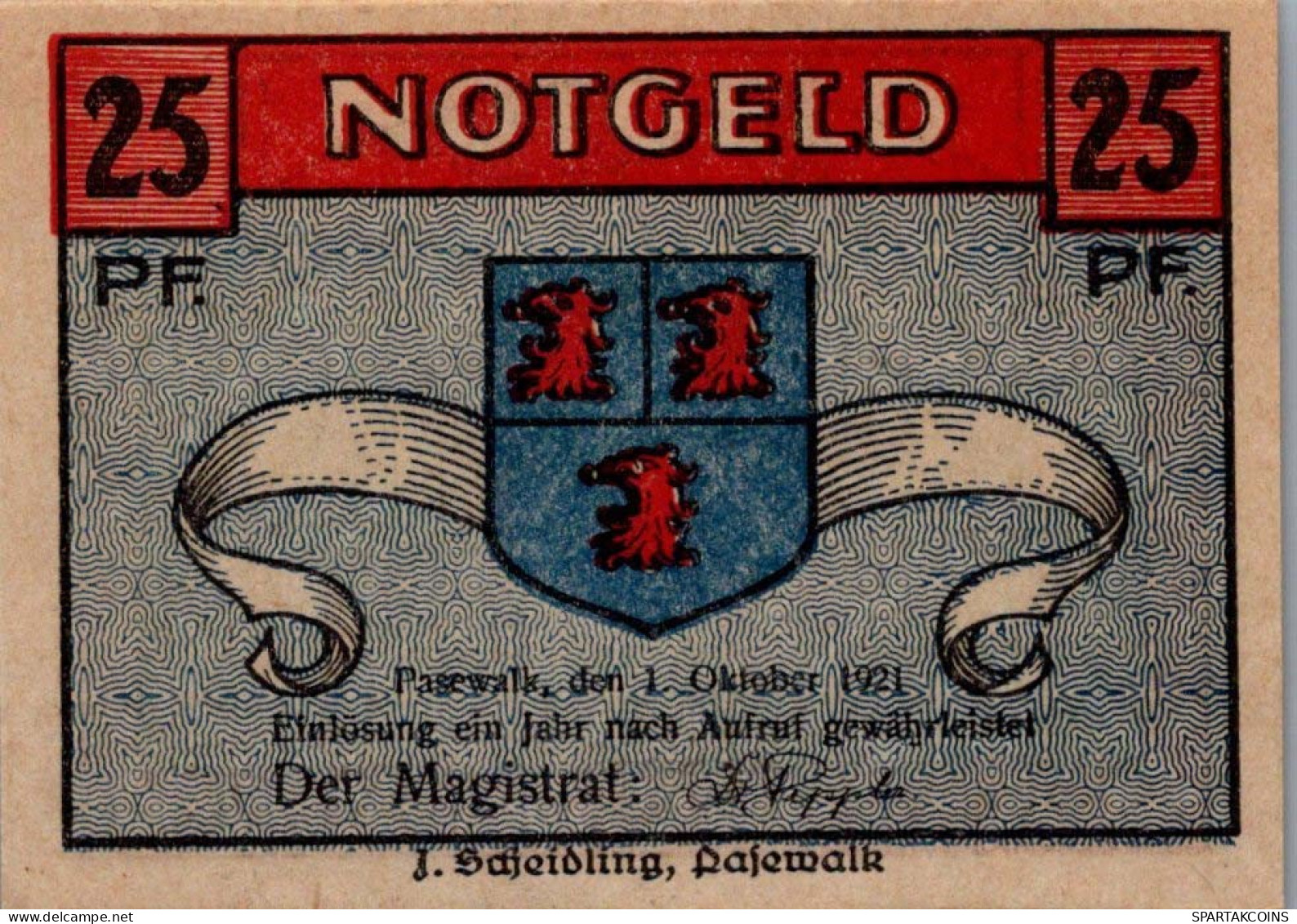 25 PFENNIG 1921 Stadt PASEWALK Pomerania UNC DEUTSCHLAND Notgeld Banknote #PB482 - Lokale Ausgaben