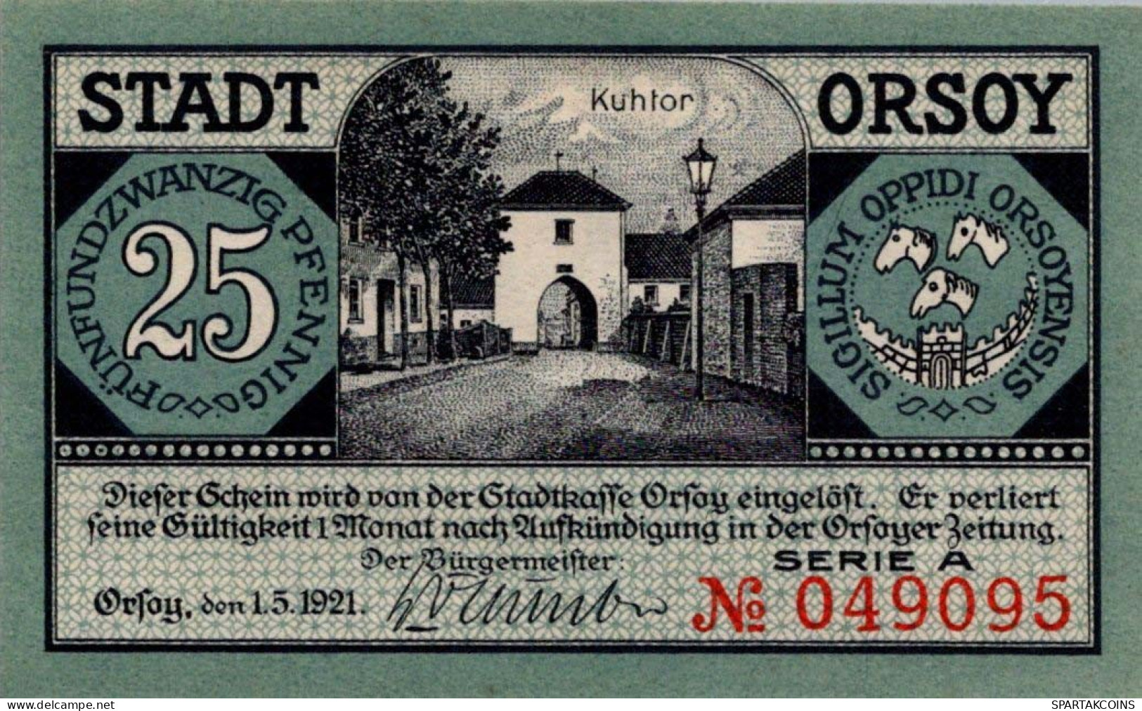 25 PFENNIG 1921 Stadt ORSOY Rhine UNC DEUTSCHLAND Notgeld Banknote #PI849 - [11] Local Banknote Issues