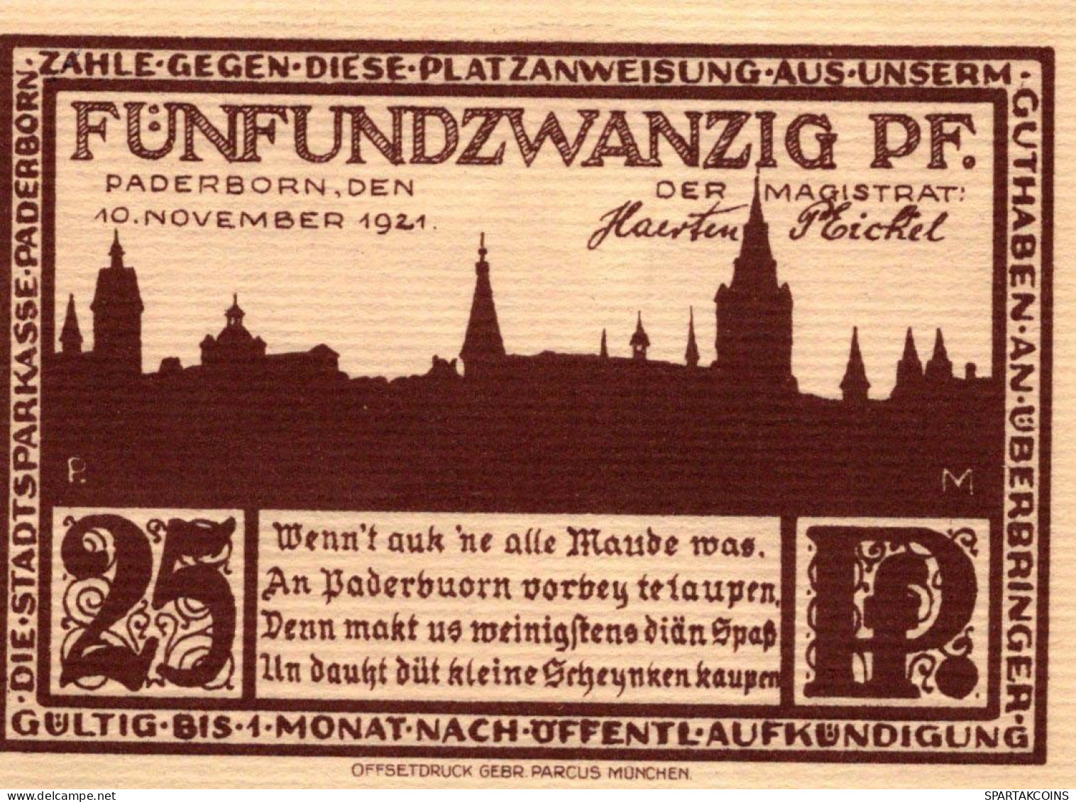 25 PFENNIG 1921 Stadt PADERBORN Westphalia DEUTSCHLAND Notgeld Banknote #PG193 - Lokale Ausgaben