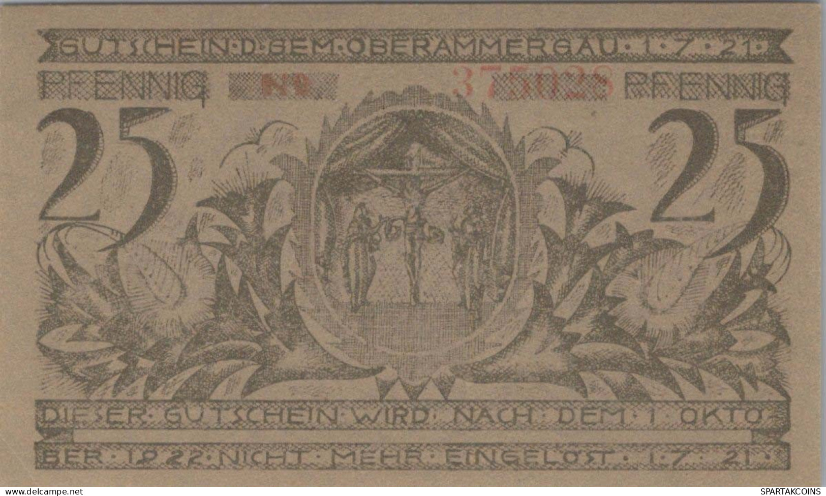 25 PFENNIG 1921 Stadt OBERAMMERGAU Bavaria UNC DEUTSCHLAND Notgeld #PH269 - [11] Local Banknote Issues