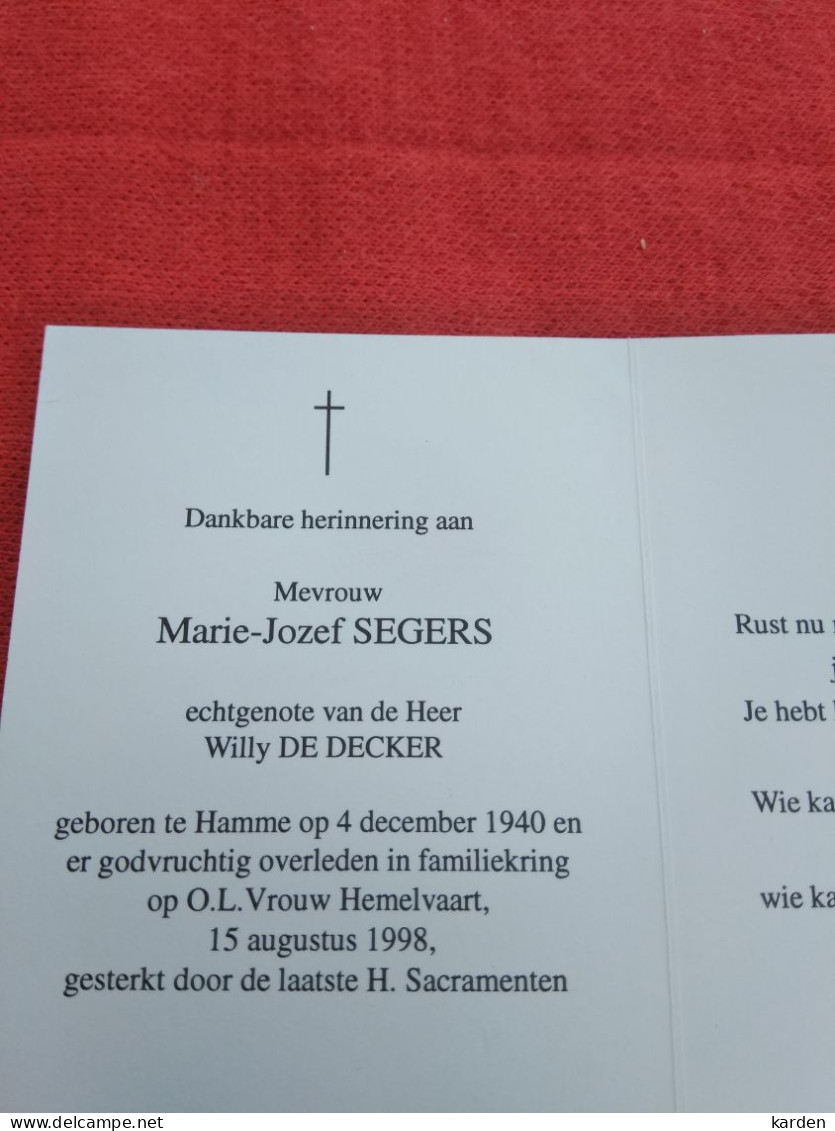 Doodsprentje Marie Jozef Segers / Hamme 4/12/1940 - 15/8/1998 ( Willy De Decker ) - Religion & Esotérisme