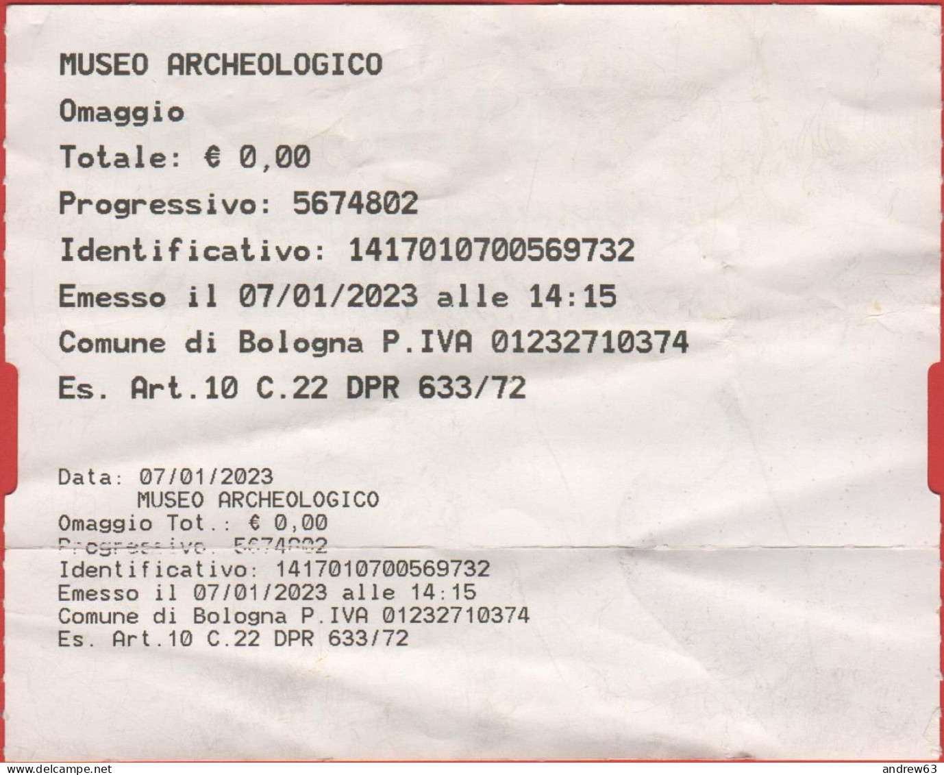 ITALIA - BOLOGNA - Museo Archeologico - Biglietto D'Ingresso - Usato - Tickets D'entrée