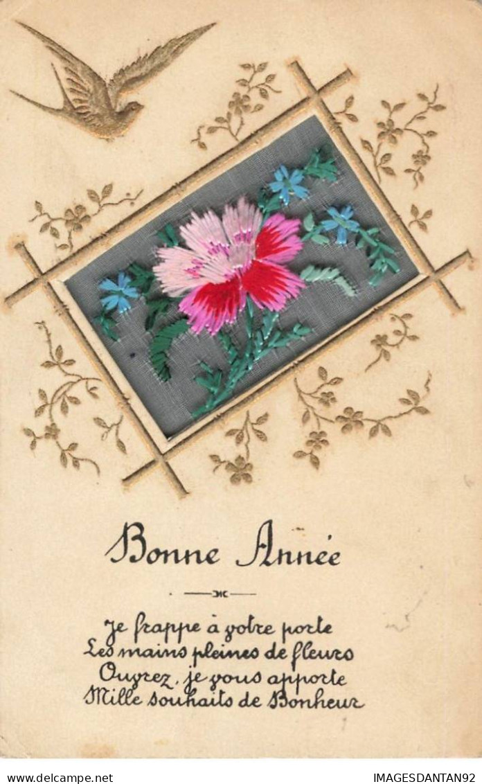 FANTAISIES AD#MK337 BONNE ANNEE CARTE EN SOIE SILK BRODEE FLEURS HIRONDELLE - Brodées