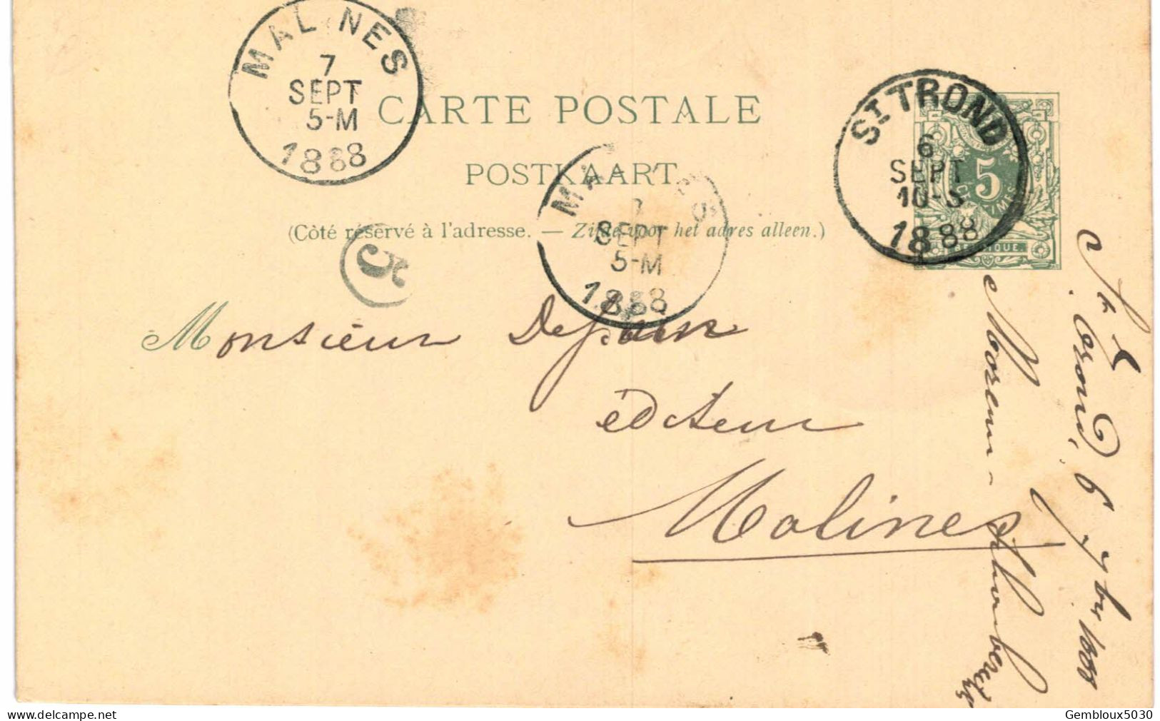 (Lot 01) Entier Postal  N° 45 5 Ct écrite De St Trond Vers Malines - Cartes Postales 1871-1909