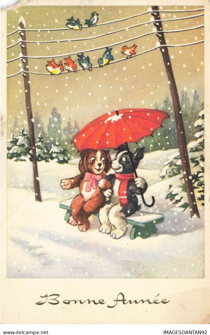 CHIEN AG#MK075 BONNE ANNEE CHIENS HUMANISES SOUS LA NEIGE PARAPLUIE ECHARPES - Cani