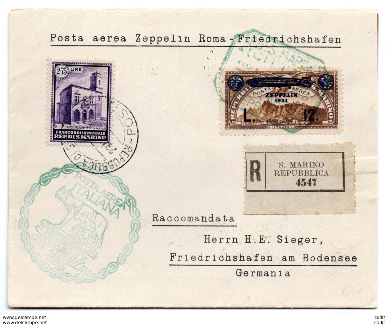 Posta Aerea Lire 12 Zeppelin + Complementare Su Busta Racc. Per La Germania - Unused Stamps