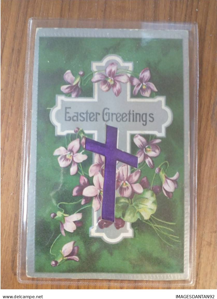 FANTAISIES AG#MK527 EASTER GRETTINGS CARTE BRODEE TISSUS FLEURS CROIX - Bestickt