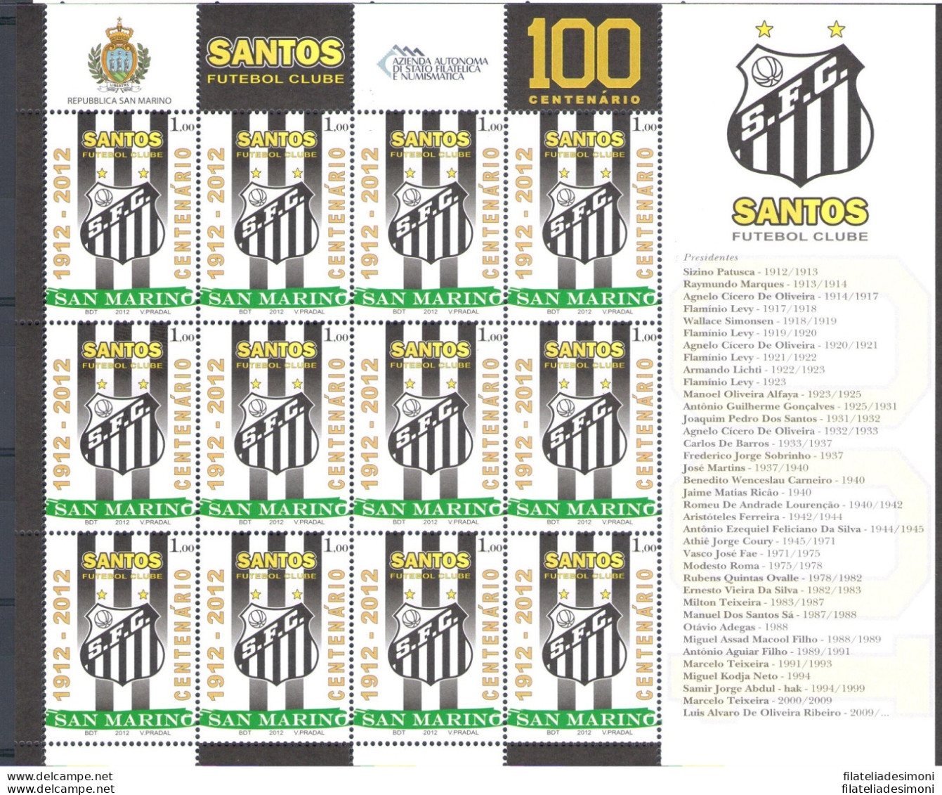 2012 San Marino Santos Centenario Fondazione Squadra Calcio Brasiliana Minifogli - Blocks & Sheetlets