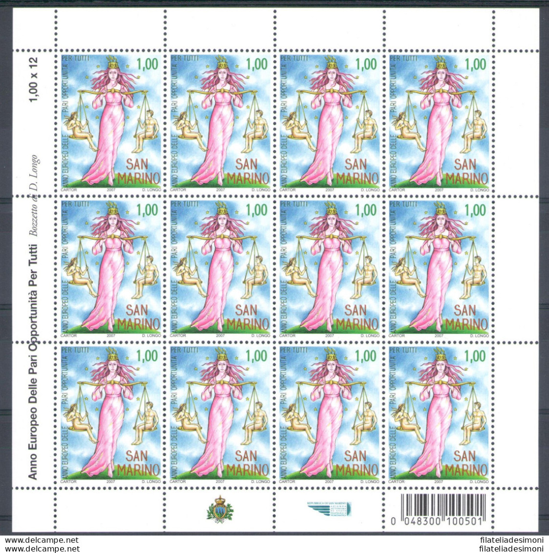 2007 San Marino , Pari Opportunità , N. 2165 - Minifoglio 12 Valori Con Codice  - Blocks & Kleinbögen