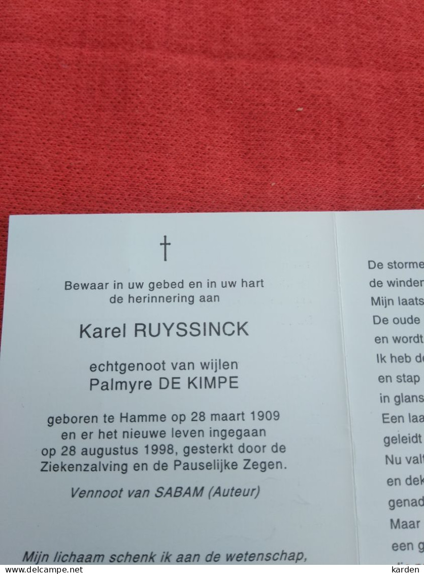 Doodsprentje Karel Ruyssinck / Hamme 28/3/1909 - 28/8/1998 ( Palmyre De Kimpe ) - Religion &  Esoterik