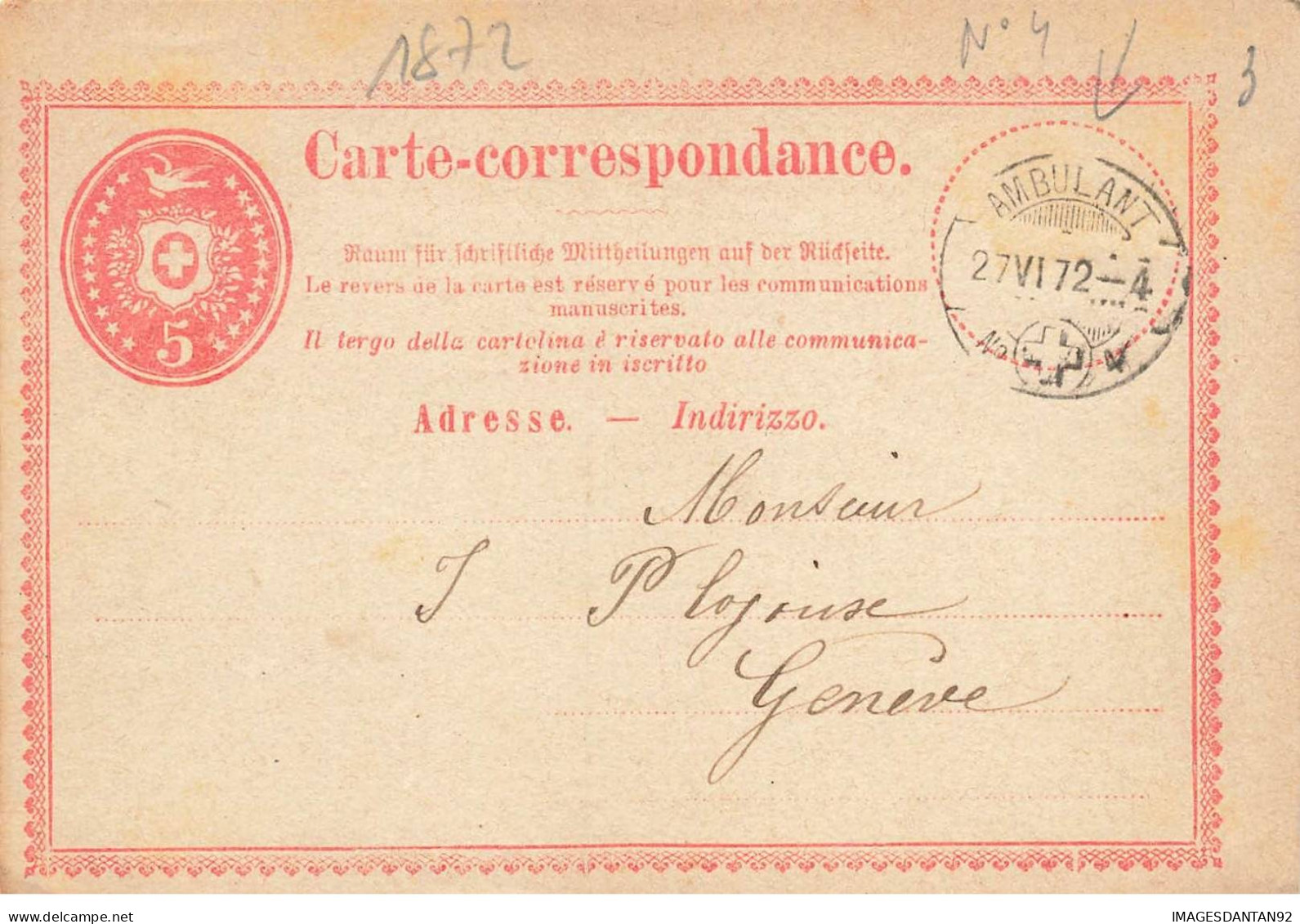 SUISSE #FG54773 ENTIER GENEVE AMBULANT N 4 GROS 3 ROUGE 1872 - Interi Postali