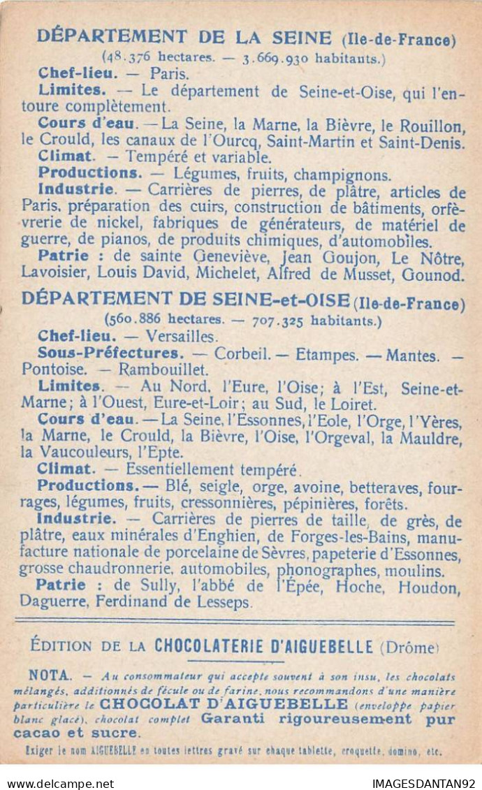 CHROMOS AG#MK991 LES DEPARTEMENTS LA SEINE ET SEINE ET OISE ILE DE FRANCE PLAN CHOCOLATERIE D AIGUEBELLE - Aiguebelle