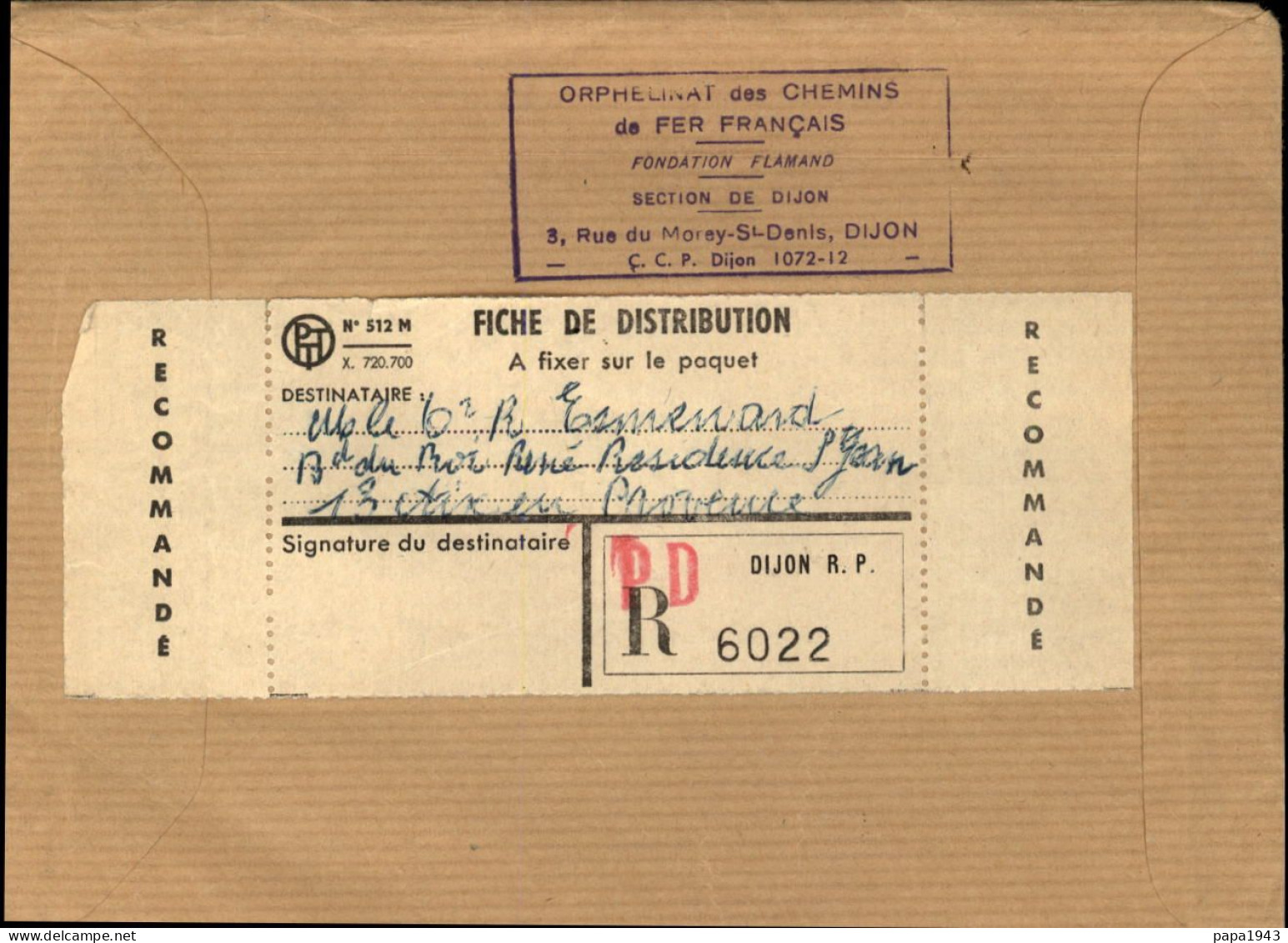 Recommandé De DIJON De " ORPHELINAT Des CHEMINS DE FER FRANCAIS " Envoyée à AIX - Storia Postale