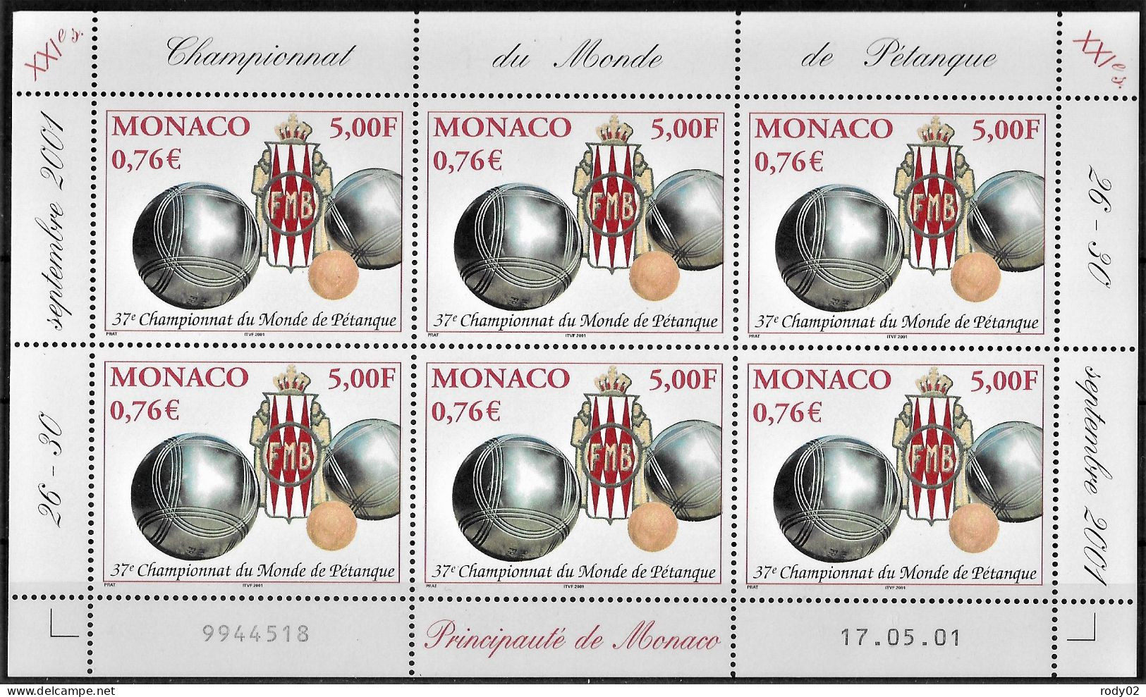 MONACO - ANNEE 2001 - PETANQUE - F 2303 - NEUF** MNH - Neufs