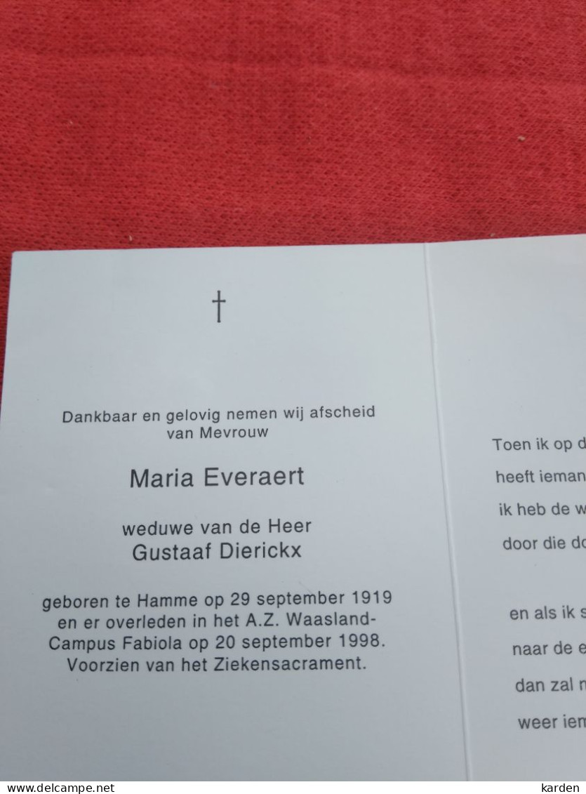 Doodsprentje Maria Everaert / Hamme 29/9/1919 - 20/9/1998 ( Gustaaf Dierickx ) - Religion & Esotérisme