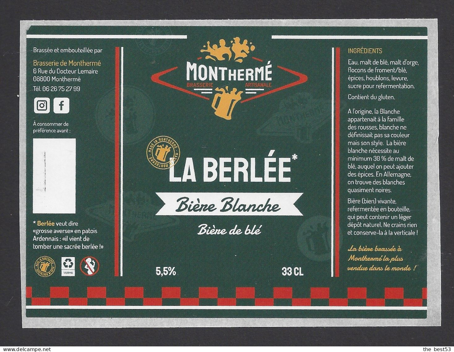 Etiquette De Bière Blanche  -  La Berlée  -    Brasserie Monthermé  à  Monthermé (08) - Beer