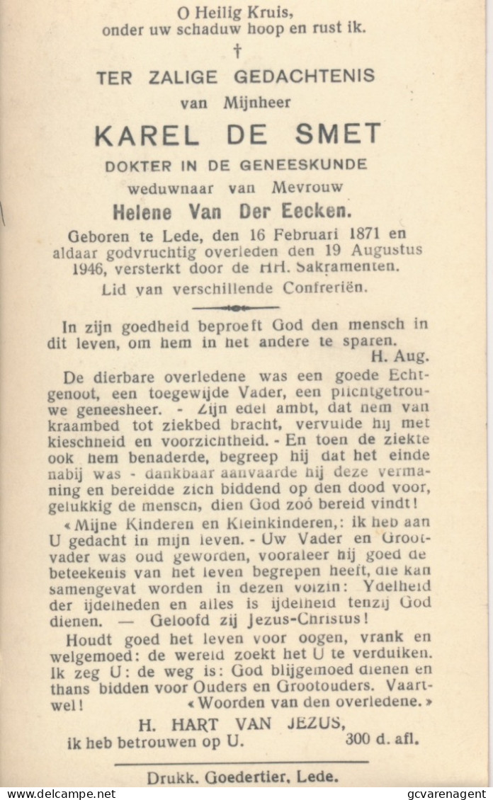 DOKTER KAREL DE SMET      LEDE 1871     1946 - Décès