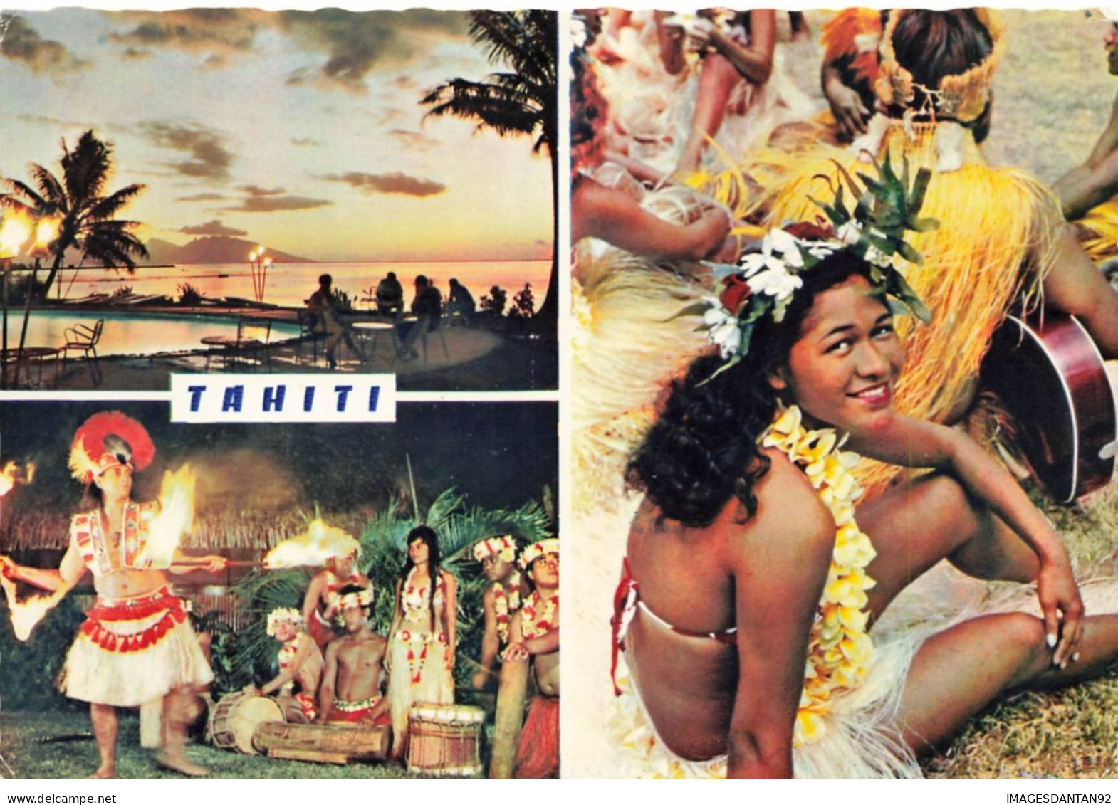 TAHITI AL#AL00117 COUCHER DE SOLEIL UR MOOREA VU DE L HOTEL TAHITI ET DANSEURS TAHITIENS - Tahiti