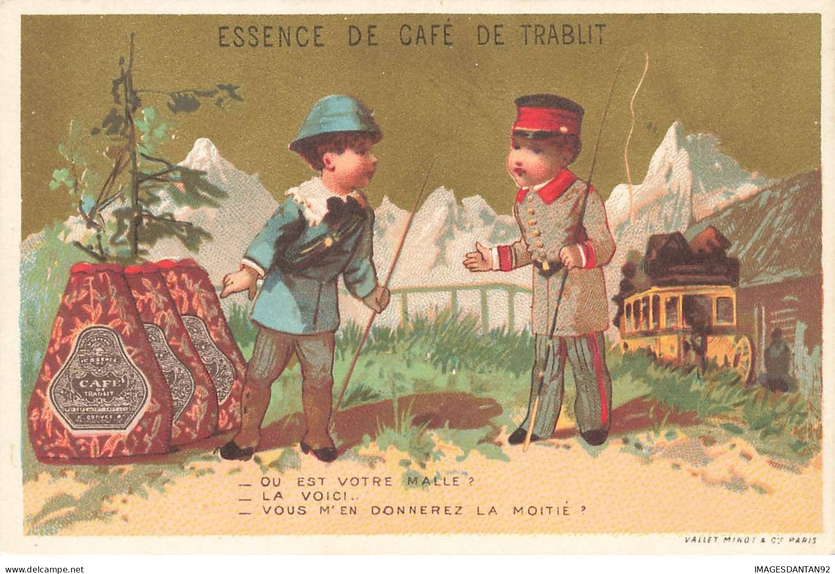 CHROMOS AO#AL000218 L ESSENCE DE CAFE TRABLIT PARIS COCHER ET VOYAGEUR AVEC DES GRANDE BOUTEILLES DE CAFE - Thee & Koffie