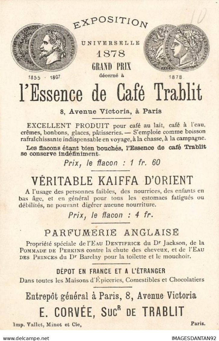 CHROMOS AO#AL000218 L ESSENCE DE CAFE TRABLIT PARIS COCHER ET VOYAGEUR AVEC DES GRANDE BOUTEILLES DE CAFE - Thee & Koffie