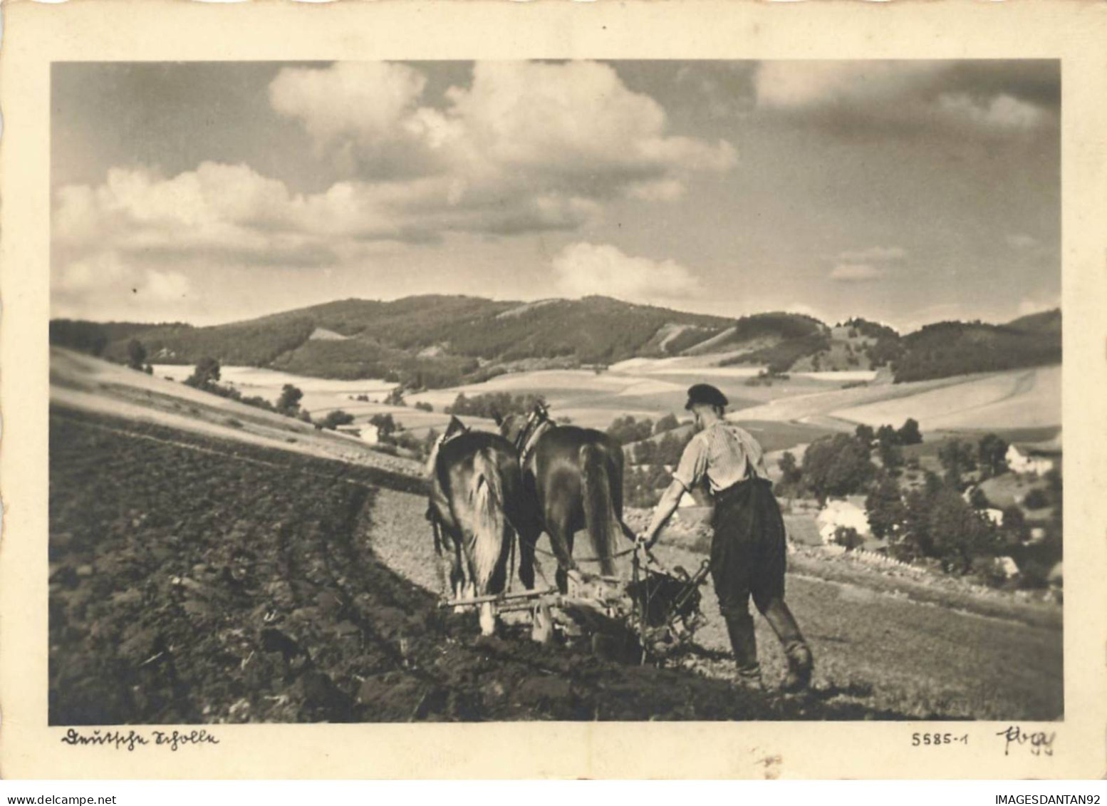 METIERS AO#AL000832 PAYSANS AGRICULTURE LABOURS AVEC ATTELAGE DE DEUX CHEVAUX HERSAGE MACHINE AGRICOLE - Paysans